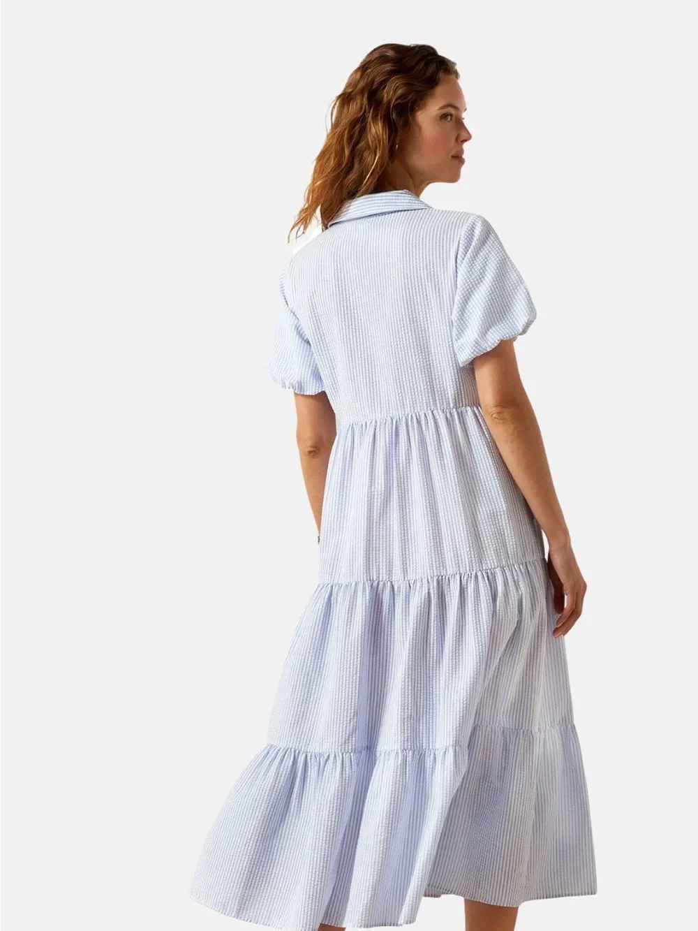 Ariat Countryside Blue Seersucker Tiered Midi Dress Cottagecore Size Large - Picture 3 of 11